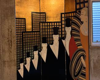 Art Deco Erte "Top Hat" Three Panel Room Divider. Measures 80" H with 4 20" W Panels. 
