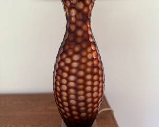 Pair of Carved Amber Glass Lamps on Lucite Base with Silk Shade. Each Measures 30" H. Photo 2 of 2.