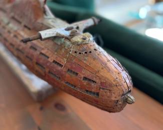 Copper and Mixed Material Submarine Sculpture Mounted on Wood. Measures 50" W x 8" D x 14" H. Photo 4 of 4. 