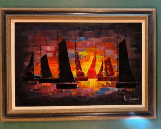 Sailboats at Sunset. Signed by Raimon. Measures 36" x 24"; 44" x 32" Overall. Photo 1 of 2. 