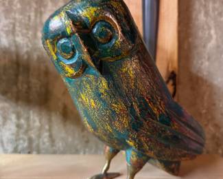 Sergio Bustamante Brass & Wood Owl Sculpture. Measures 8" H. 