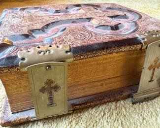 Victorian Catholic Bible c. 1870s–1890s – Large Family Bible w/ Metal Clasps & Gilt Edges