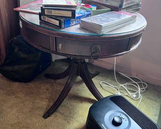 vintage round pedestal drum table in the Federal/Regency Revival style