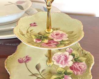 Vintage Lefton Japan Hand-Painted Two-Tier Serving Tray – Pink Rose Floral with Gold Trim