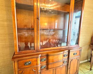 Vintage Walnut China Cabinet with Glass Doors and Drawers – Estate Furniture Hutch
