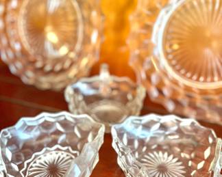 Set of Vintage Pressed Glass Bowls – Clear Diamond Cube Pattern Candy & Nut Dishes