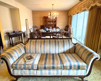 Vintage Striped Sofa with Wood Trim – Blue, Gold & Beige Upholstery, Traditional Living Room Style