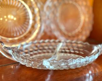 Vintage Pressed Glass Divided Relish Dish with Handles – Diamond Pattern Clear Glass