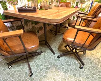 Mid-Century Dining Table with Rolling Chairs – Stoneville Furniture Co. – Faux Wood & Vinyl Upholstery, Retro 1960s/70s