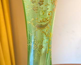 Antique Green Satin Glass Vase – Hand-Painted Gold Gilt Enamel, Victorian Art Nouveau Style