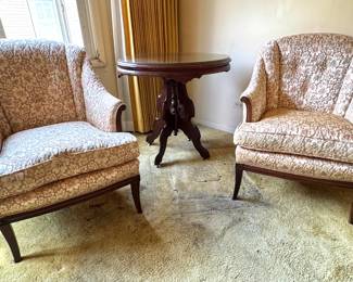 Pair of Vintage Floral Upholstered Accent Chairs with Carved Wood Frames – One Excellent, One Broken Leg for Repair