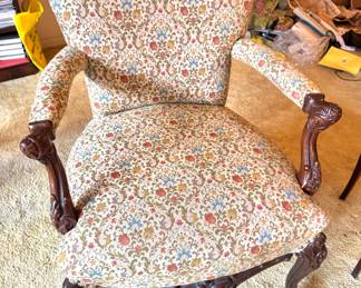 Victorian Style Carved Wood Armchair – Floral Upholstery Accent Chair