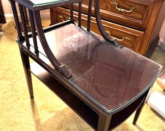 Mid-Century Two-Tier Wooden Side Table with Glass Tops – Vintage Step End Table