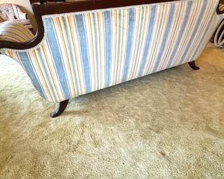 Vintage Upholstered Sofa – Blue and Gold Striped Fabric, Mahogany Wood Accents, Mid-Century Style