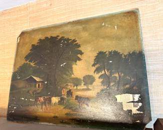 Antique Pastoral Oil Painting on Board – Rustic Farmhouse & Cattle Landscape