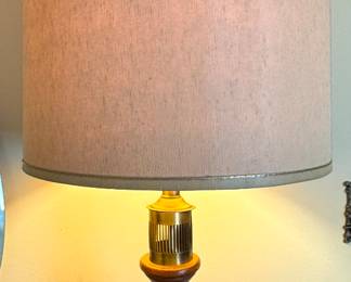 Mid-Century Modern Wood & Brass Table Lamp with Fabric Shade