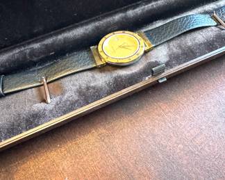 Vintage Birnbaum Swiss Made Quartz Gold Tone Dress Watch w/ Leather Band & Box