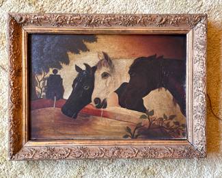 Victorian Era Oil on Board – Three Horses with Carriage Scene, Ornate Gilt Frame | $1200