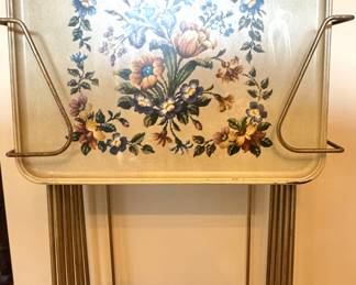 Mid-Century Folding TV Tray Set with Floral Needlepoint Design & Storage Rack
