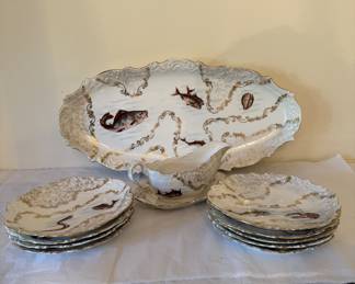 Antique Fish Plate Set w/Platter & Sauceboat