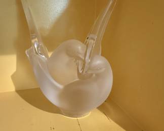 Lalique Crystal "Sylvie" Doves Vase w/Flower Frog