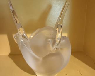 Lalique Crystal "Sylvie" Doves Vase w/Flower Frog