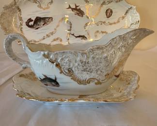 Antique Fish Plate Set w/Platter & Sauceboat