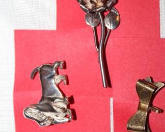 vintage sterling bassett hound and rose pins; vintage brass ribbon pin
