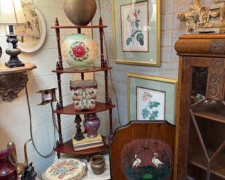 framed floral prints, shell, lamps, vases
