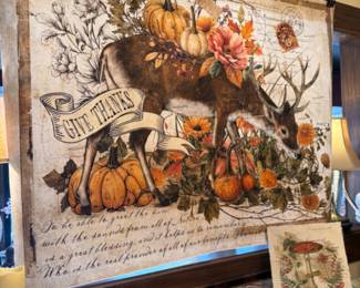 Large Fall Tapestry featuring deer, pumpkins an gourds  
