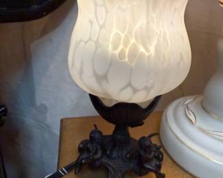 Vintage Cast Iron and Glass mini lamp with Angels at bottom