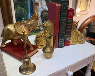 Solid brass elephant, vintage books, corinthian book ends, golfer framed oil painting