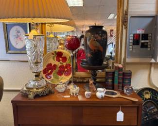 vase, cake stand, vintage books, bowl