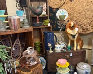dog figurine, pitchers, cups and saucers