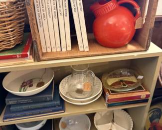 vintage ball pitcher, bowls, books