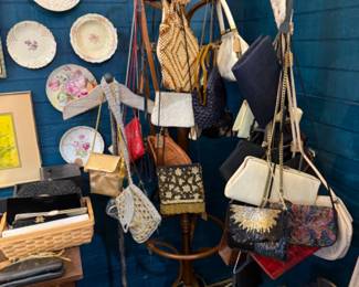 vintage purses, hanging plates