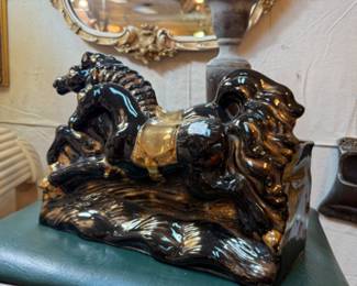 Vintage Mid Century Television Console black and gold ceramic horse