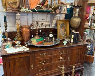 Antique Buffet/Server, 1700s embroidery on silk art, brass candlesticks with globes and brass toppers, tall brass vase, copper trays and more