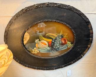 Antique Oval Decorative Wood Frame and Vintage Fruit print