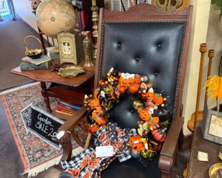 FM Dillie 1800s adjustable easy chair wood and leather, vintage item Halloween wreath, lamps, wall art