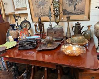 Vintage typewriter, framed art, solid wood vintage table and more