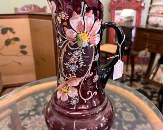 Antique Dugan Purple Amethyst Glass Pitcher with hand painted enamel flowers