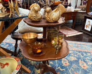 2 tiered table, gold dove candlestick holders, other decor