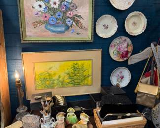 framed floral art, ladies' gloves, figurines