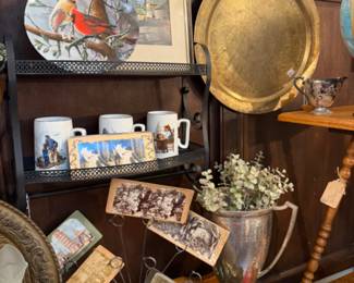 large brass tray, mugs and more