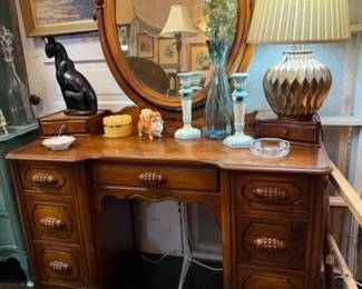 Solid Oak Vanity with oval swivel mirror and drawers