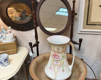 Vintage Washstand with swivel mirror and pitcher and basin set.
