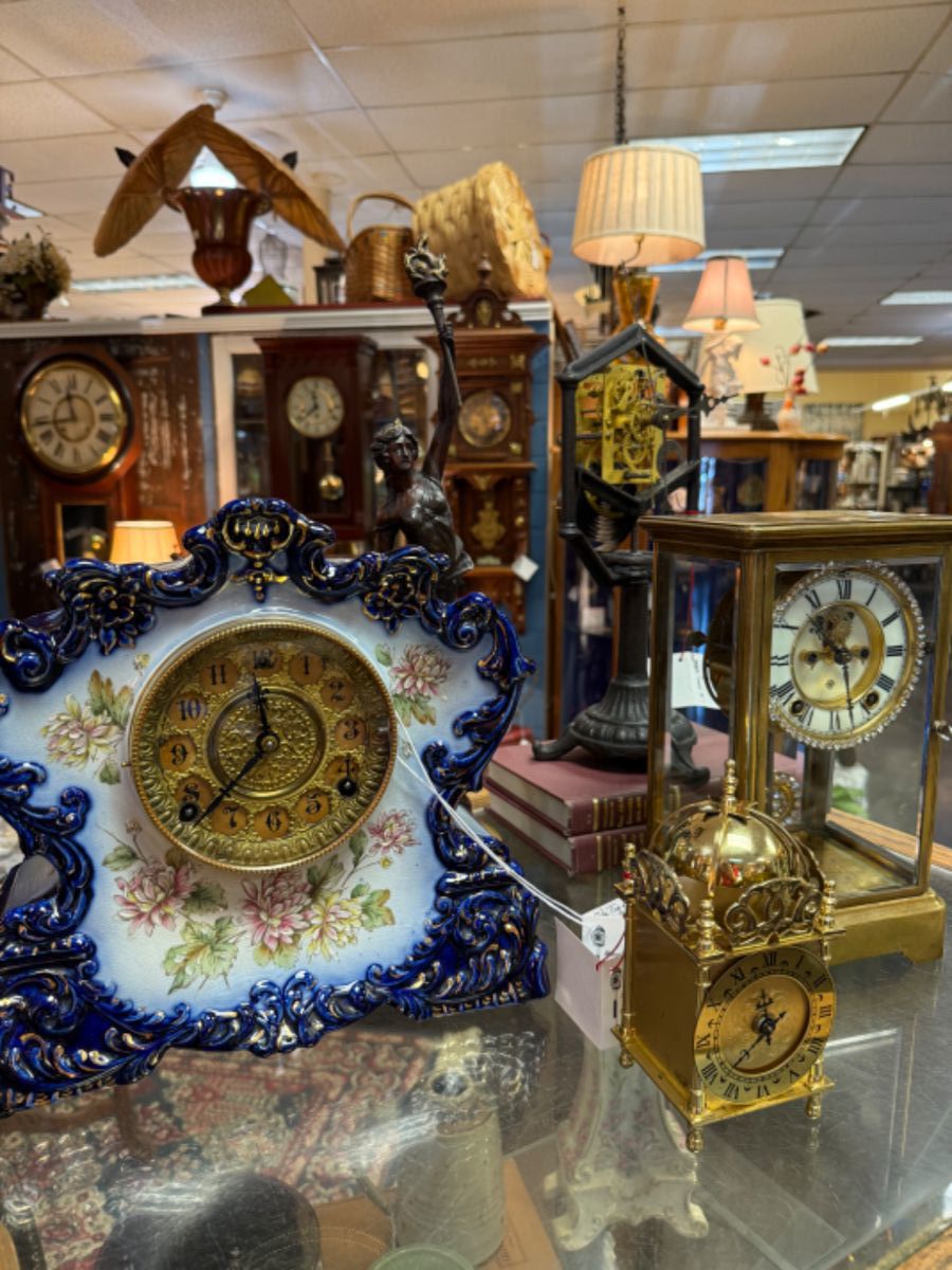 Antique Gilbert Flow Blue China Clock Circa 1895-1915 8 day time and strike brass bezel 