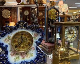 Antique Gilbert Flow Blue China Clock Circa 1895-1915 8 day time and strike brass bezel 