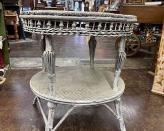 antique heavy duty wicker side table,  grey tone
